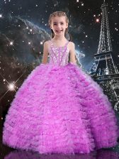 Fantastic Sleeveless Lace Up Floor Length Beading and Ruffled Layers Little Girl Pageant Gowns