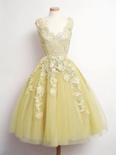 Super Gold Sleeveless Knee Length Lace Lace Up Quinceanera Court Dresses