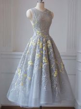  Sleeveless Criss Cross Tea Length Lace and Appliques Dress for Prom
