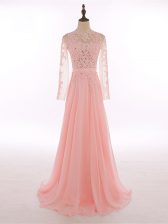  Chiffon High-neck Sleeveless Zipper Lace and Appliques Prom Party Dress in Peach