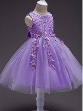  Lavender Tulle Zipper Scoop Sleeveless Knee Length Little Girls Pageant Dress Wholesale Lace and Belt