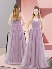  Lilac Tulle Zipper Halter Top Sleeveless Floor Length Prom Gown Ruching