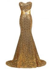 Exquisite Sequined Sweetheart Sleeveless Brush Train Lace Up Sequins Prom Party Dress in Gold