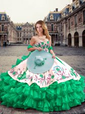 Fashionable Green Lace Up Quinceanera Dress Embroidery and Ruffled Layers Sleeveless Floor Length