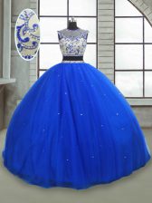 Exceptional Tulle Scoop Sleeveless Lace Up Beading Quinceanera Dress in Royal Blue