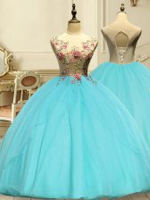  Aqua Blue Ball Gowns Scoop Sleeveless Organza Floor Length Lace Up Appliques Sweet 16 Dress