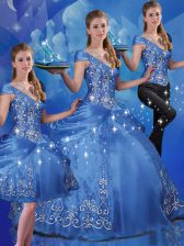 Low Price Blue Cap Sleeves Organza Lace Up Quinceanera Dresses for Military Ball and Sweet 16 and Quinceanera