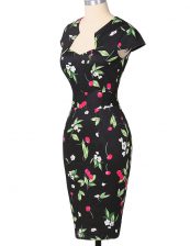 Comfortable Multi-color Printed Zipper Dress for Prom Cap Sleeves Knee Length Pattern