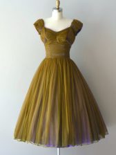 Luxurious V-neck Cap Sleeves Court Dresses for Sweet 16 Knee Length Ruching Olive Green Chiffon