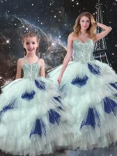 Floor Length Blue And White Quinceanera Gowns Organza Sleeveless Beading and Ruffled Layers