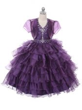  Purple Ball Gowns Ruffled Layers Kids Formal Wear Lace Up Organza Sleeveless Floor Length