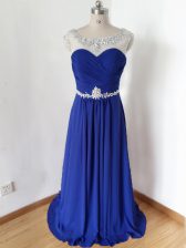  Floor Length Royal Blue Prom Evening Gown Scoop Short Sleeves Zipper