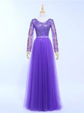  Lavender Empire Tulle V-neck Long Sleeves Lace and Appliques Floor Length Lace Up 
