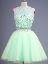 Custom Design Scoop Sleeveless Court Dresses for Sweet 16 Knee Length Beading Apple Green Tulle
