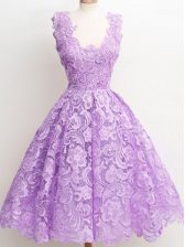  Lace Dama Dress for Quinceanera Lavender Zipper Sleeveless Knee Length
