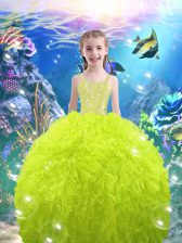  Straps Sleeveless Little Girl Pageant Dress Floor Length Beading and Ruffles Organza