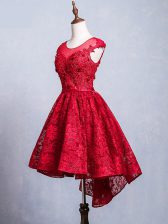 Sumptuous Red A-line Lace Scoop Short Sleeves Lace and Appliques and Belt High Low Lace Up 