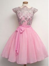 Delicate Rose Pink Dama Dress for Quinceanera Prom and Party and Wedding Party with Lace and Belt Scalloped Cap Sleeves Lace Up