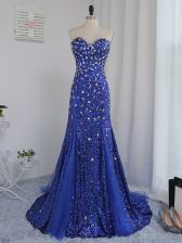  Column/Sheath Sleeveless Royal Blue Prom Gown Brush Train Zipper