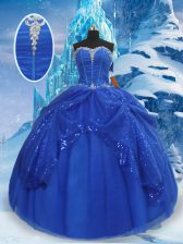 Best Royal Blue Tulle Lace Up Sweetheart Sleeveless Floor Length Ball Gown Prom Dress Beading and Pick Ups