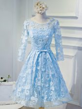 Deluxe Mini Length Light Blue Prom Gown Organza Long Sleeves Beading and Appliques