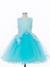Glamorous Baby Blue Sleeveless Knee Length Appliques and Hand Made Flower Zipper Flower Girl Dress