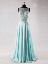  Empire Sleeveless Aqua Blue Prom Evening Gown Brush Train Zipper
