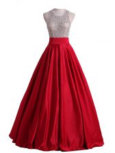 Low Price Scoop Sleeveless Prom Gown Floor Length Beading Red Satin