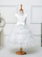  White Ball Gowns Organza Scoop Sleeveless Ruffled Layers and Bowknot Tea Length Zipper Pageant Gowns For Girls