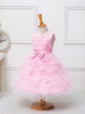 Cheap Sleeveless Tea Length Ruffled Layers and Bowknot Zipper Little Girl Pageant Gowns with Baby Pink