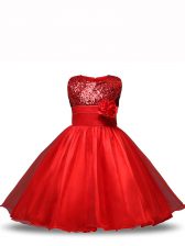 Custom Fit Knee Length Zipper Party Dress Wholesale Red for Wedding Party with Sequins and Hand Made Flower