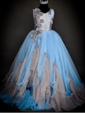  Light Blue Tulle Backless Little Girls Pageant Dress Wholesale Sleeveless Floor Length Sequins and Hand Made Flower