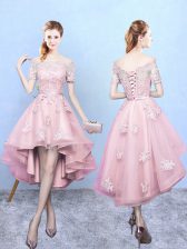 High Quality Short Sleeves Tulle High Low Lace Up Vestidos de Damas in Baby Pink with Lace