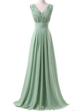 Nice Apple Green Sleeveless Floor Length Ruching Lace Up Quinceanera Court Dresses