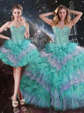  Multi-color Organza Lace Up Sweet 16 Quinceanera Dress Sleeveless Floor Length Beading and Ruffled Layers
