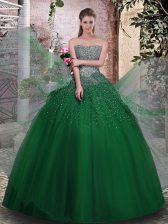 Luxury Dark Green Ball Gowns Tulle Strapless Sleeveless Beading Floor Length Lace Up 15 Quinceanera Dress