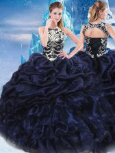 Fancy Ball Gowns Quinceanera Gown Navy Blue High-neck Taffeta Sleeveless Floor Length Lace Up