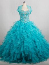 Noble Lace Up 15th Birthday Dress Aqua Blue for Sweet 16 and Quinceanera with Beading and Ruffles Brush Train