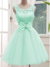 Glamorous Apple Green Lace Up Scoop Lace and Bowknot Court Dresses for Sweet 16 Tulle Sleeveless
