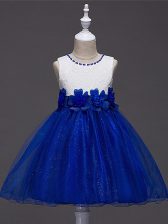 Cute Royal Blue Scoop Zipper Lace and Hand Made Flower Flower Girl Dresses Sleeveless