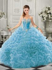 Customized Aqua Blue Ball Gowns Organza Sweetheart Sleeveless Beading and Ruffles Lace Up Quinceanera Gowns Court Train