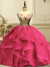High End Floor Length Hot Pink Quinceanera Gowns Scoop Sleeveless Lace Up