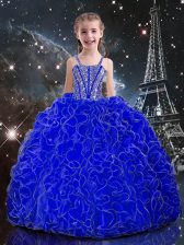  Floor Length Lace Up Little Girls Pageant Dress Royal Blue for Quinceanera and Wedding Party with Beading and Ruffles