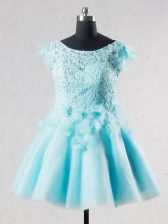 Romantic Aqua Blue Backless V-neck Lace and Appliques and Hand Made Flower Tulle Short Sleeves