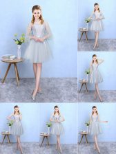 Captivating Silver Tulle Lace Up V-neck Sleeveless Knee Length Court Dresses for Sweet 16 Lace