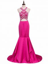 Glittering V-neck Sleeveless Prom Evening Gown Brush Train Beading Hot Pink Elastic Woven Satin