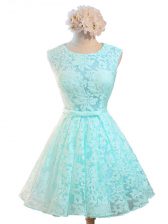 Custom Made Lace Scoop Sleeveless Lace Up Belt Damas Dress in Aqua Blue