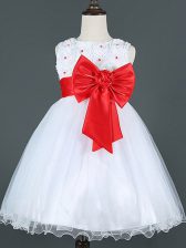 Customized White Sleeveless Bowknot Knee Length Toddler Flower Girl Dress