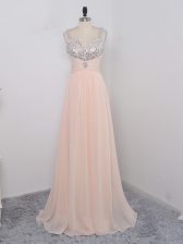  Peach Sleeveless Sequins Floor Length Prom Dresses