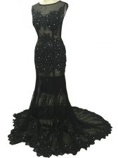 Perfect Black Sleeveless Tulle Brush Train Side Zipper Prom Dress for Prom and Military Ball and Beach